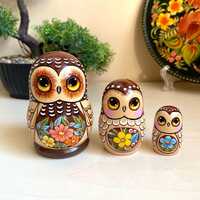 Owls Wooden Nesting Doll 3pcs, Handmade Stacking Matryoshka, Personalized Birthday Gift, Bab...