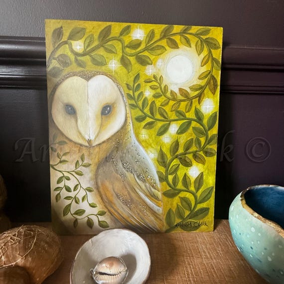Unframed original painting titled "Forest Green" by Amanda Clark - wildlife art, barn owl art, acrylic art, original painting, home decor