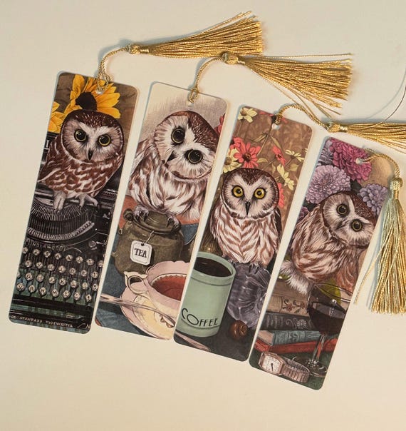 Set of 4 Owl Bookmarks Handmade Bookmarks with Cute Saw Whet Owl Art Original Illustration Gifts for Owl Lovers & Bookworms Bookish Gifts