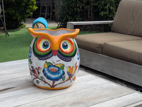 Talavera Owl Planter: Handmade Mexican Ceramic Pottery 14" Tall