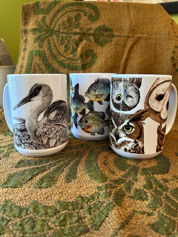 Wildlife Mug for Dad Nature Art Bird Watcher Gift Father's Day Coffee Cup Fishing Mug Owl Lover Gift Nature Lover Mug Original Bird Artwork