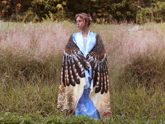 Blue Sky Owl Shawl, Women Sarong, Beach Cover Up, Unique Gift For Mom, Bird Pashmina, Grandma Gift, Feather Scarf, Boho Shawls And Wraps