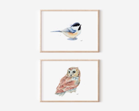 Set of Two Woodland Birds | Saw-Whet Watercolor Owl, Bird Wall Art, Chickadee Painting, Birdwatcher Gift, Forest Animal Artwork, Home Decor