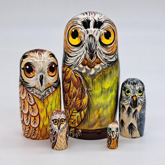 4" Nesting dolls Owl matryoshka 5 in 1 Made in Ukraine Wooden toy Stacking Russian doll gift for kids and collectors