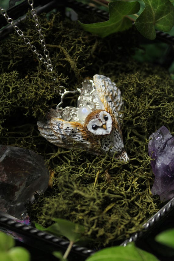 Owl Necklace with Moonstone – Handmade Barn Owl Pendant – Forest Jewelry, Bird Lover Gift, Witchy Nature Necklace