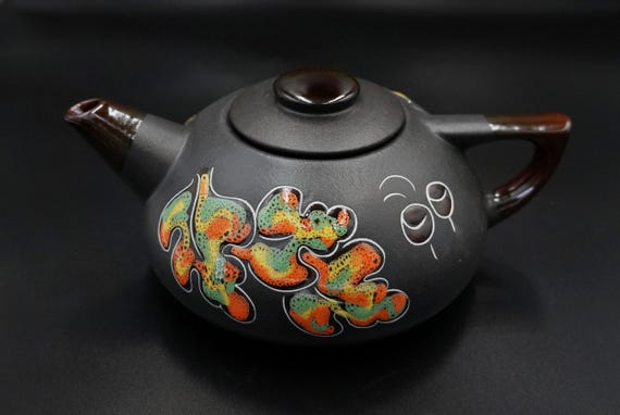 Black handmade ceramic teapot 33.8 oz with  orange owls and oak leaves Teapot pottery engraved and painted Tea party pottery owl teapot