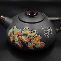 Black handmade ceramic teapot 33.8 oz with  orange owls and oak leaves Teapot pottery engrav...
