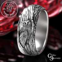 Sterling Barn Owl Ring, Silver Owl Wedding Ring, Hoot Owl Ring, Tree Bark Ring, Night Owl Je...