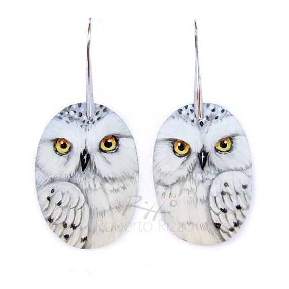 Pair of Snowy Owl Earrings 100% Handpainted with Incredibly Fine Details | Hand Painted Jewels by Roberto Rizzo | Wearable Art to Collect!