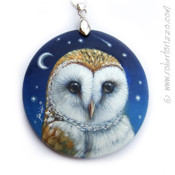 Unique Barn Owl Pendant | Hand Painted Jewels and Wearable Art by Roberto Rizzo