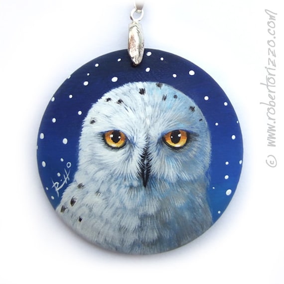 Hand Painted Art Necklace with an Irresistible Snowy Owl! Original Fine Detailed Jewelry 100% Handpainted by the Artist Roberto Rizzo