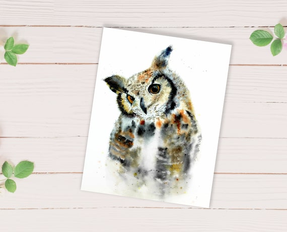 Owl watercolor art print, curious owl art, woodland nursery art