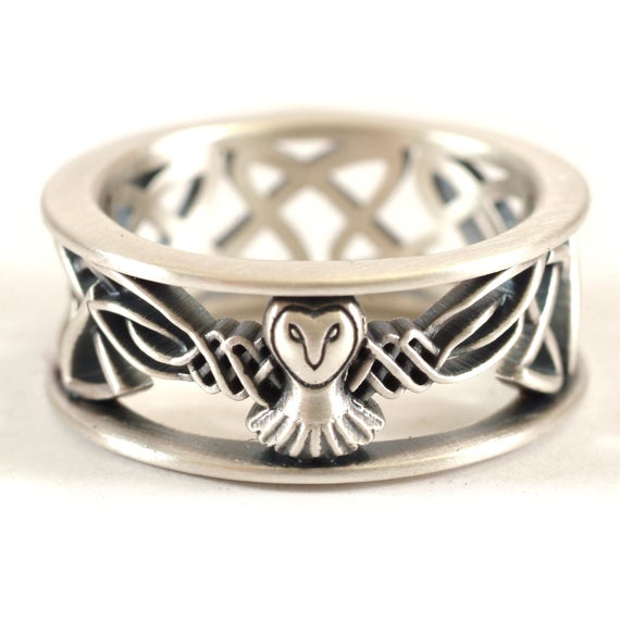 Sterling Silver Owl Wedding Band, Celtic knot Ring