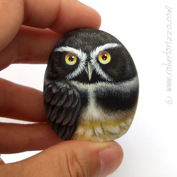 Original Hand Painted Stone Spectacled Rock Owl | Small Painted Owls by Roberto Rizzo | Unique Pieces of Art 100% Handmade to Treasure!