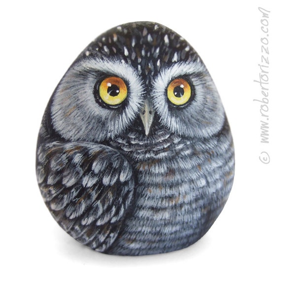 Original Hand Painted Northern Hawk Owl Rock (Surnia Ulula) Hand Painted On a Sea Rockl Unique Painted Stone by Roberto Rizzo