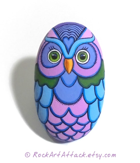 Sea Stone Painted Colorful Owl! Is Painted with High Quality Acrylic Paints on a Natural Stone and Finished with Satin Varnish Protection.