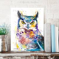 Horned Owl watercolor painting print by Slaveika Aladjova, art, animal, illustration, bird, ...