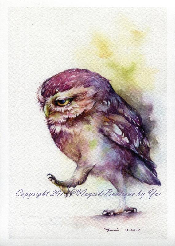 PRINT – The Owl keep walking Watercolor painting 7.5 x 11”