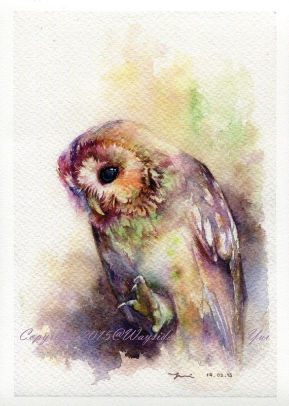 PRINT – The Owl Watercolor painting 7.5 x 11", Hand painted, owl watercolor, woodland, Wildlife, decor,wall art, real paint, fantasy,owl art