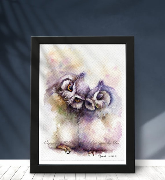 PRINT –Be Togeter Watercolor painting 7.5 x 11", Hand painted, owl watercolor, woodland,owl.art,decor, wall art, real paint, fantasy,couple