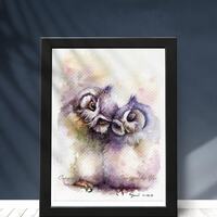 PRINT –Be Togeter Watercolor painting 7.5 x 11", Hand painted, owl watercolor, wo...