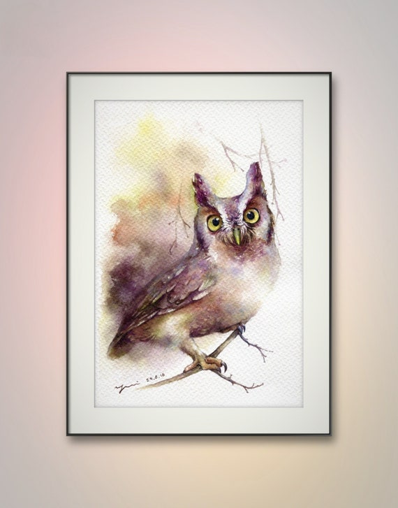 PRINT - Watercolor painting 7.5 x 11 inches Reproduction of my Original Watercolor painting.Hand painted 100% not AI, Contemporary,owl, gift