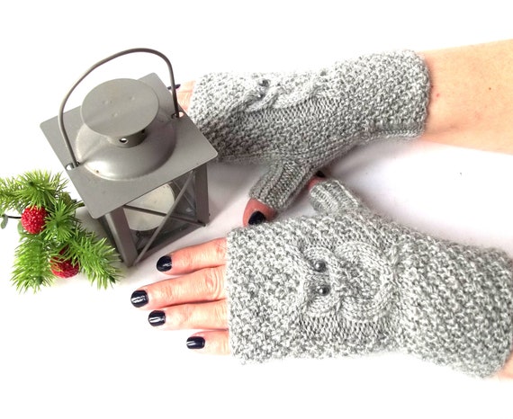 Gray Owl Knit Fingerless Mittens