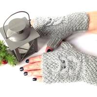 Gray Owl Knitted Fingerless Mittens, Gloves