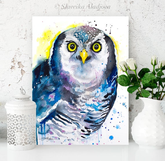 Northern hawk owl watercolor painting print by Slaveika Aladjova, art, animal, illustration, bird, home decor, wall art, gift,