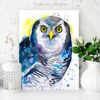 Northern hawk owl watercolor painting print by Slaveika Aladjova, art, animal, illustration,...