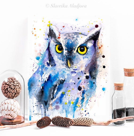 Screech owl watercolor painting print