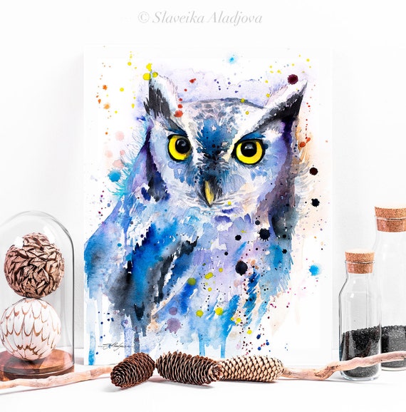 Screech owl watercolor painting print by Slaveika Aladjova, art, animal, illustration, bird, home decor, wall art, gift, Wildlife