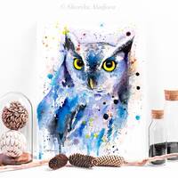 Screech owl watercolor painting print by Slaveika Aladjova, art, animal, illustration, bird,...