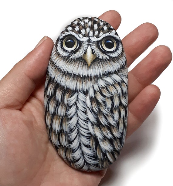 Cute miniature owl hand painted pebble! Bird painting stone. stone art owl. Painted with Acrylics and coated with transparent satin varnish.