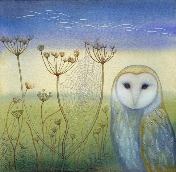 Fine art print of an original painting: 'Barn Owl and Spider's Web'.