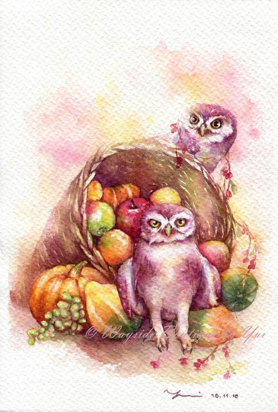 PRINT – fruits owl Watercolor painting 7.5 x 11”