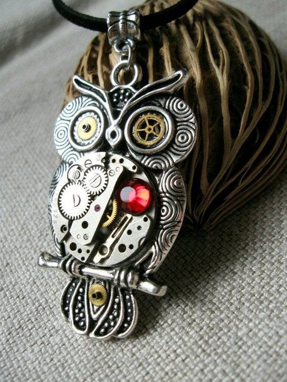 Owl Steampunk necklace pendant with Vintage watch parts