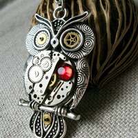 Owl Steampunk necklace pendant with Vintage watch parts