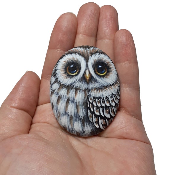 Owl Hand Painted Pebble! Painted with acrylic paints and finished with satin varnish protection.