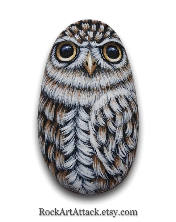 Burrowing Owl hand-painted pebble - miniature acrylic painting, owl art decor, stone art night bird, pebble painting art, little owl gift.