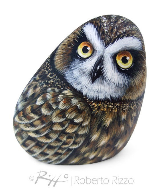 Hand Painted Short-Eared Owl Sea Rock, Owl Lover Gift