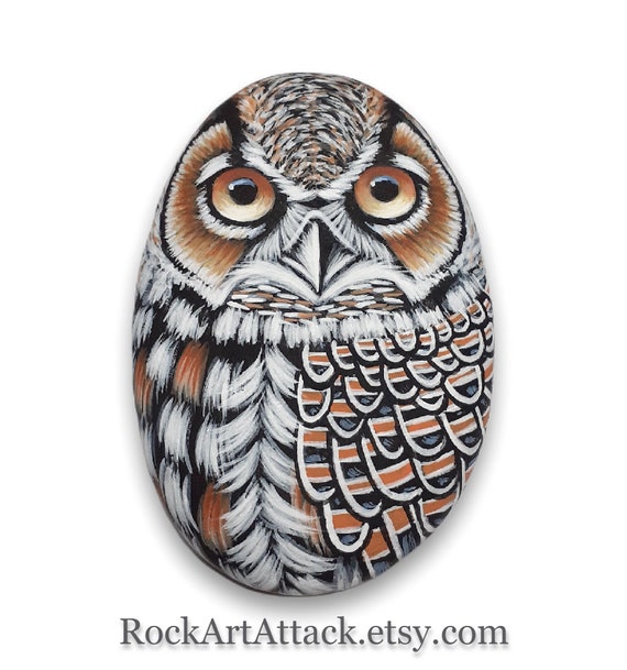 Great Horned Owl detailed painted pebble