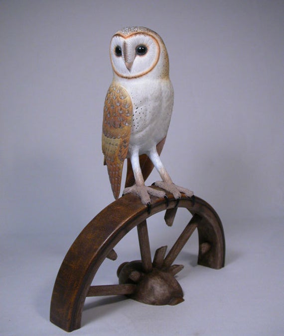 10 inches Barn Owl Hand Carved Wooden Bird Carving