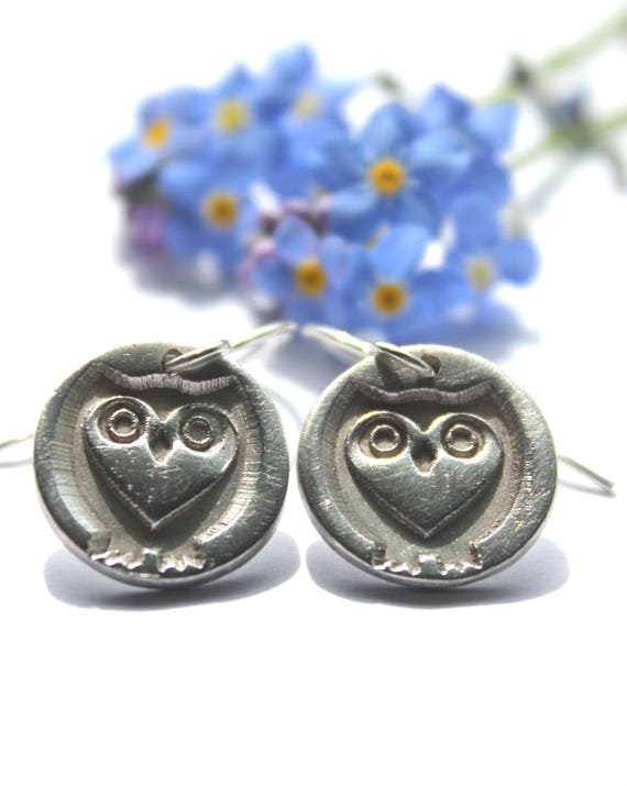 Owl earrings, sterling heart owl earrings, wildlife earrings, owl drop earrings, tawny owl earrings, owl lover earrings, barn owl
