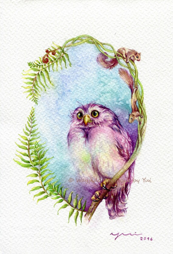 Spring owl and friends - ORIGINAL watercolor painting 7.5x11 inches
