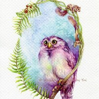 Spring owl and friends - ORIGINAL watercolor painting 7.5x11 inches