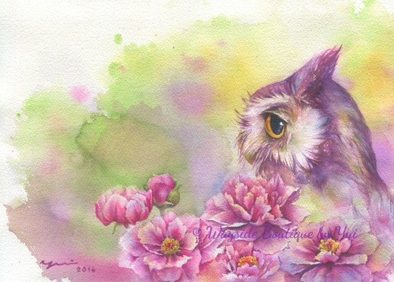 PRINT – Peonias n Owl Watercolor painting 7.3 x 11”