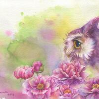 PRINT – Peonias n Owl Watercolor painting 7.3 x 11”