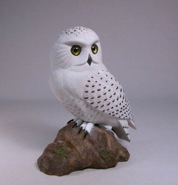 7" Snowy Owl Hand Carved Wooden Bird