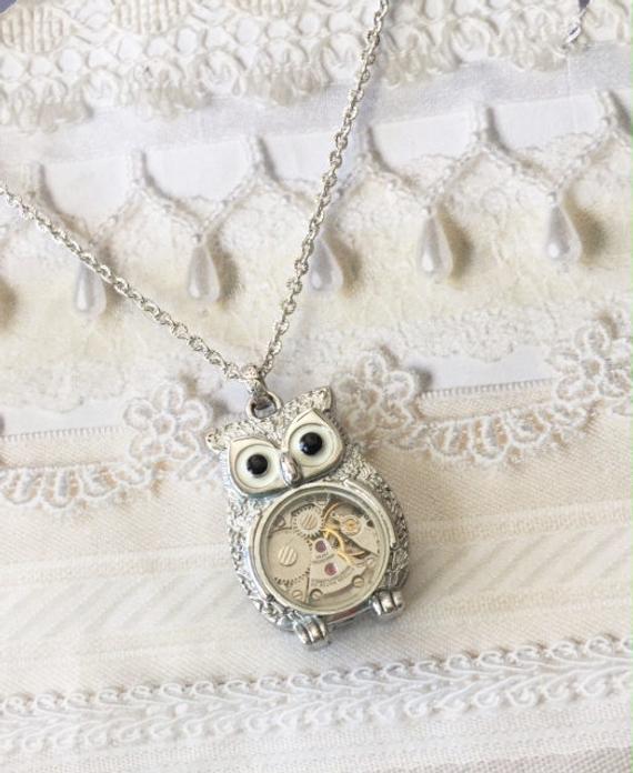 Silver Steampunk Owl Necklace with watch parts